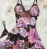 Two-piece lingerie made of floral chiffon with a ruffled tail