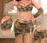 A belly dancing suit made of leather and embroidered with threads and shiny beads