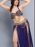 A belly dancing suit made of chiffon with embroidery and shiny metal rings