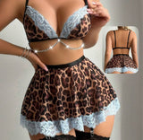 Two-piece tiger lingerie made of chiffon and lace with a metal chain at the belly