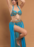 A belly dancing suit made of chiffon with embroidery and shiny metal rings