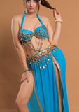 A belly dancing suit made of chiffon with embroidery and shiny metal rings