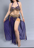 A belly dancing suit made of chiffon with embroidery and shiny metal rings