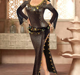 A belly dancing abaya made of Lycra and chiffon with embroidery and shiny metal rings