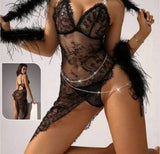 Two-piece lingerie made of lace, long on one side and short on the other side, with metal chains at the middle