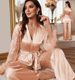 Two-piece pajama made of satin with lace sleeves