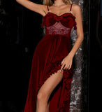 Long lingerie made of velvet and lace with ruffles at the chest and on one side