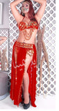 Belly dance suit made of chiffon with embroidery of shiny metal rings