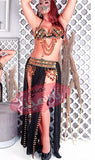 Belly dance suit made of chiffon with embroidery of shiny metal rings