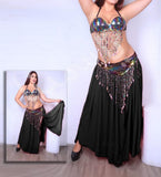 A belly dancing suit made of chiffon with embroidery of shiny threads