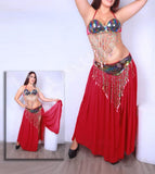 A belly dancing suit made of chiffon with embroidery of shiny threads