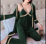 Three-piece pajama made of velvet with lace edges