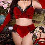 3-piece lingerie made of velvet and lace