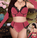 3-piece lingerie made of velvet and lace