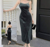 Long dress made of velvet, open on one side