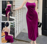 Long dress made of velvet, open on one side