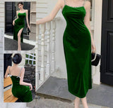 Long dress made of velvet, open on one side