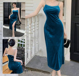 Long dress made of velvet, open on one side