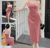 Long dress made of velvet, open on one side