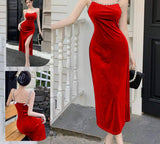 Long dress made of velvet, open on one side