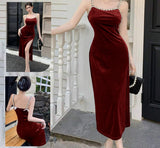 Long dress made of velvet, open on one side