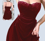 Home dress made of velvet, ruffled on the sides