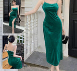 Long dress made of velvet, open on one side