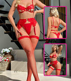 Four-piece lingerie made of lace and Lycra with a long net sock