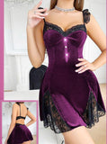 Lingerie made of velvet with lace at the tail and around the chest with an open back