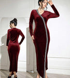 Dress made of velvet with shiny bead embroidery on the front