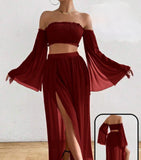 Two-piece off-shoulder dress made of chiffon with elastic at the chest, open on one side