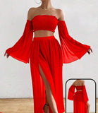 Two-piece off-shoulder dress made of chiffon with elastic at the chest, open on one side