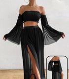 Two-piece off-shoulder dress made of chiffon with elastic at the chest, open on one side