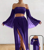 Two-piece off-shoulder dress made of chiffon with elastic at the chest, open on one side