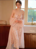 Two-piece lingerie made of floral satin and a chiffon robe