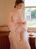 Two-piece lingerie made of floral satin and a chiffon robe