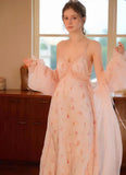 Two-piece lingerie made of floral satin and a chiffon robe