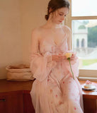 Two-piece lingerie made of floral satin and a chiffon robe