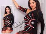 Belly dance abaya made of lycra and tulle at the tail with embroidery and shiny metal rings