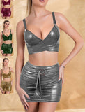 Two-piece lingerie made of shiny leather with ruffles in the front