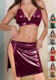 Two-piece lingerie made of shiny leather with one side open