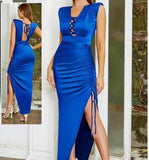 Satin dress with ruffled straps on one side and open back