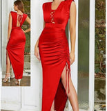 Satin dress with ruffled straps on one side and open back