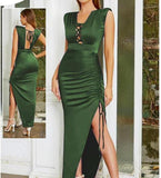 Satin dress with ruffled straps on one side and open back