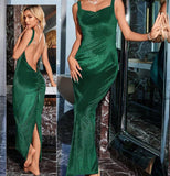 Long velvet dress with open back - with metal chains at the back