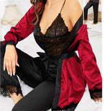 Three-piece pajama set made of satin and lace