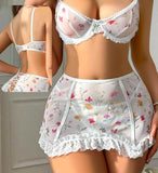 3 Pieces lingerie made of floral chiffon  with lace around the tail