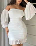 Dress made of lined chiffon with ruffles - with ruffles around the tail