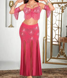 Belly dance suit made of lycra and chiffon embroidered with shiny beads with threads under the chest