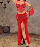 Belly dance suit made of lycra embroidered with shiny beads with threads under the chest